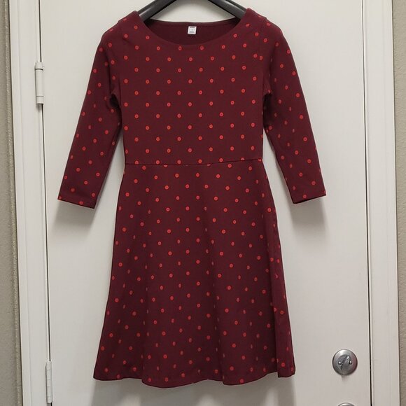 Old Navy Dress Polka Dot Womens Medium Fit Flare Ponte Knit Burgandy 3/4 Sleeve - Picture 1 of 15